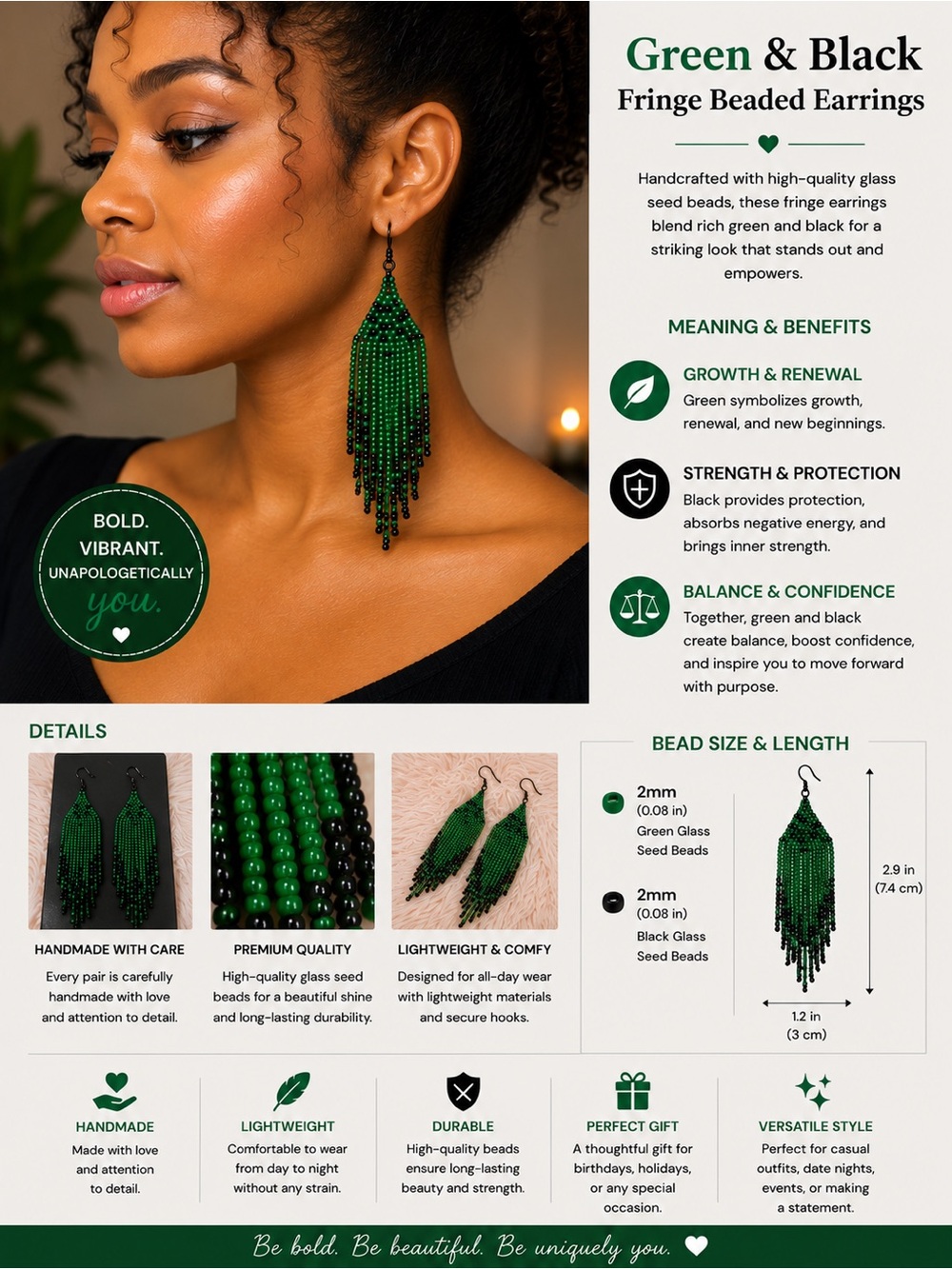 Green & Black Fringe Beaded Earrings